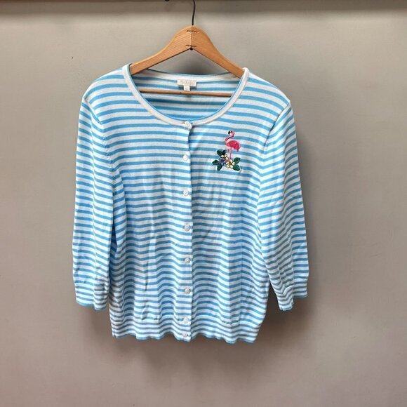 Talbots Factory Sweaters - Talbots Factory XL Petite Blue Striped Beaded Flamingo Cardigan Sweater‎